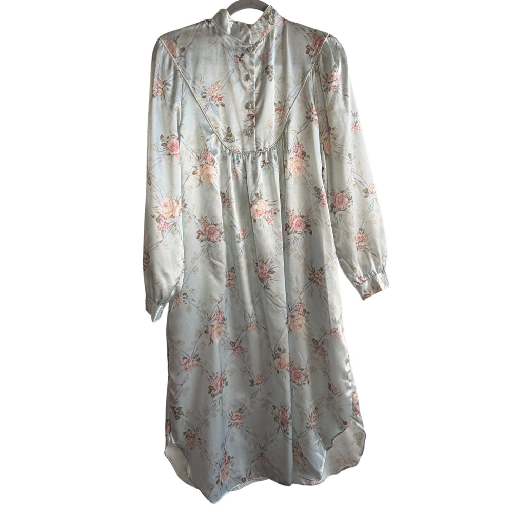 Vintage Nicole Cottagecore Satin Floral Nightgown Dress Piped Bib Yoke ILGWU S